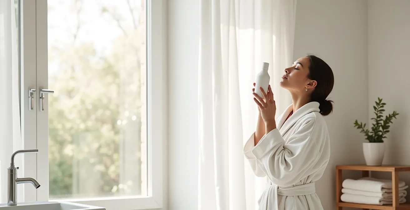 Vue large d'une salle de bain épurée avec femme vaporisant de l'eau thermale sur son visage