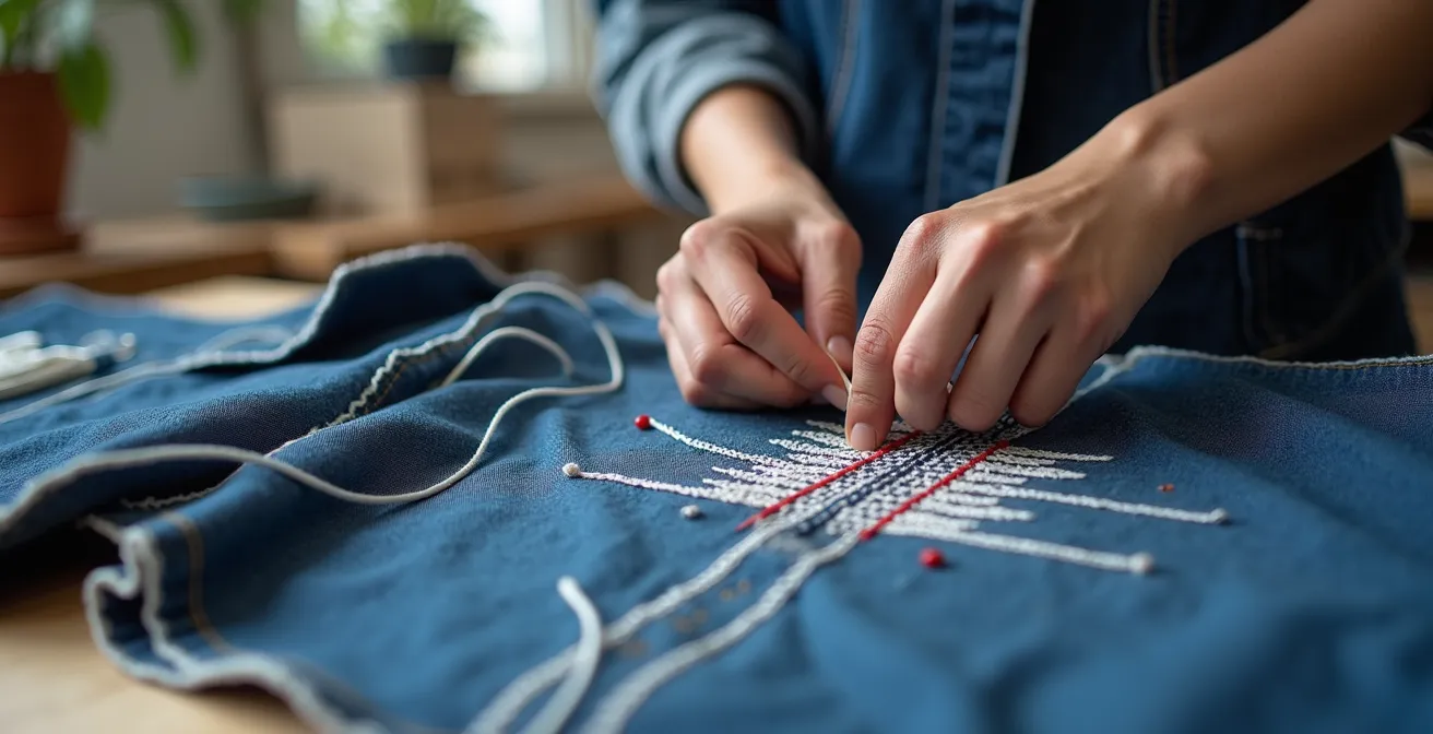 Gros plan sur une réparation Sashiko colorée sur un jean avec des fils bleu blanc rouge