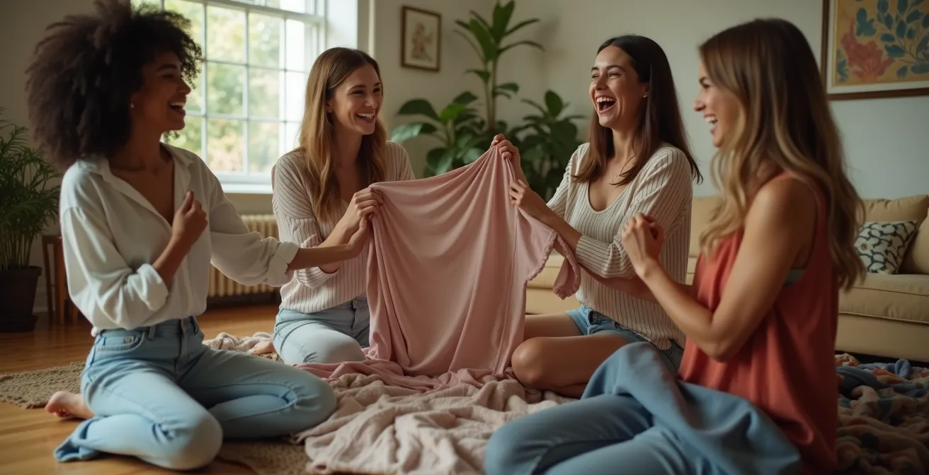 Ambiance chaleureuse d'un échange de vêtements entre amis dans un salon lumineux
