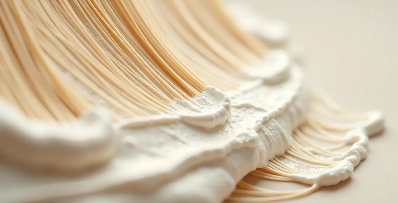 Détail macro d'une application d'argile blanche sur cheveux pour éclaircissement naturel