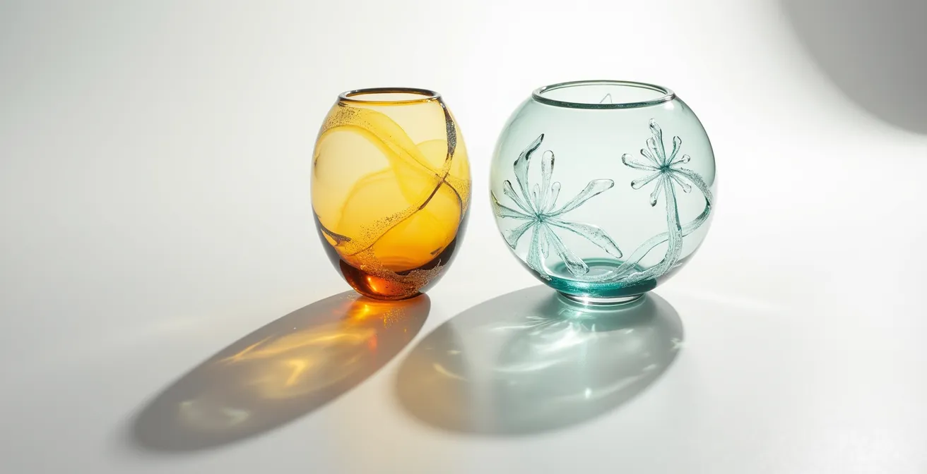 Comparaison visuelle entre bijoux en verre fusionné et soufflé sur fond épuré