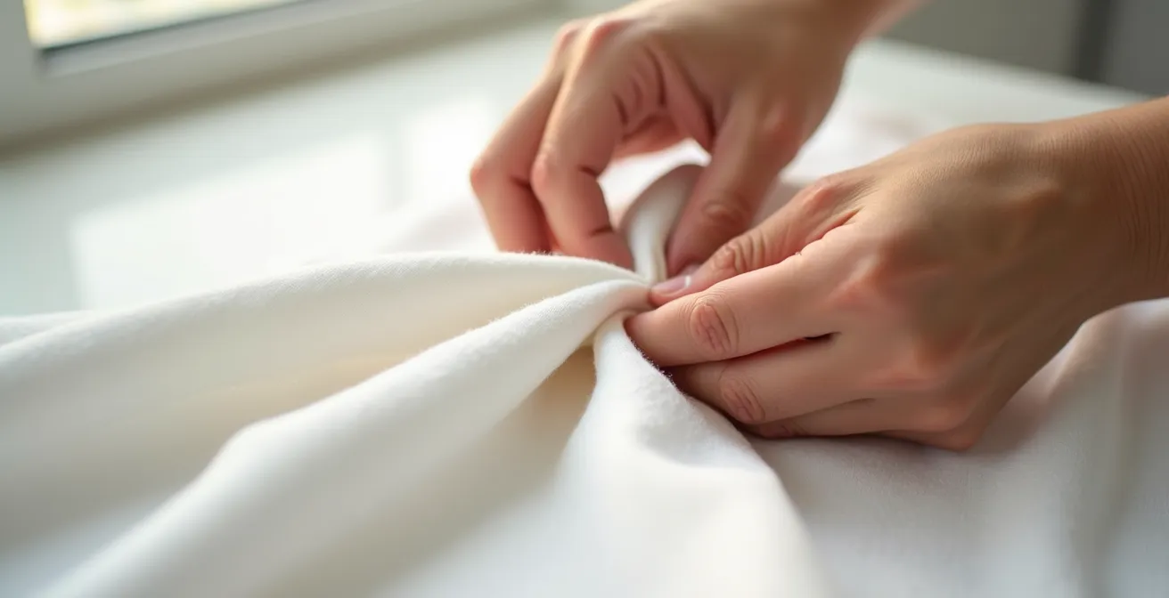 Main testant la qualité et l'épaisseur d'un tissu en coton biologique