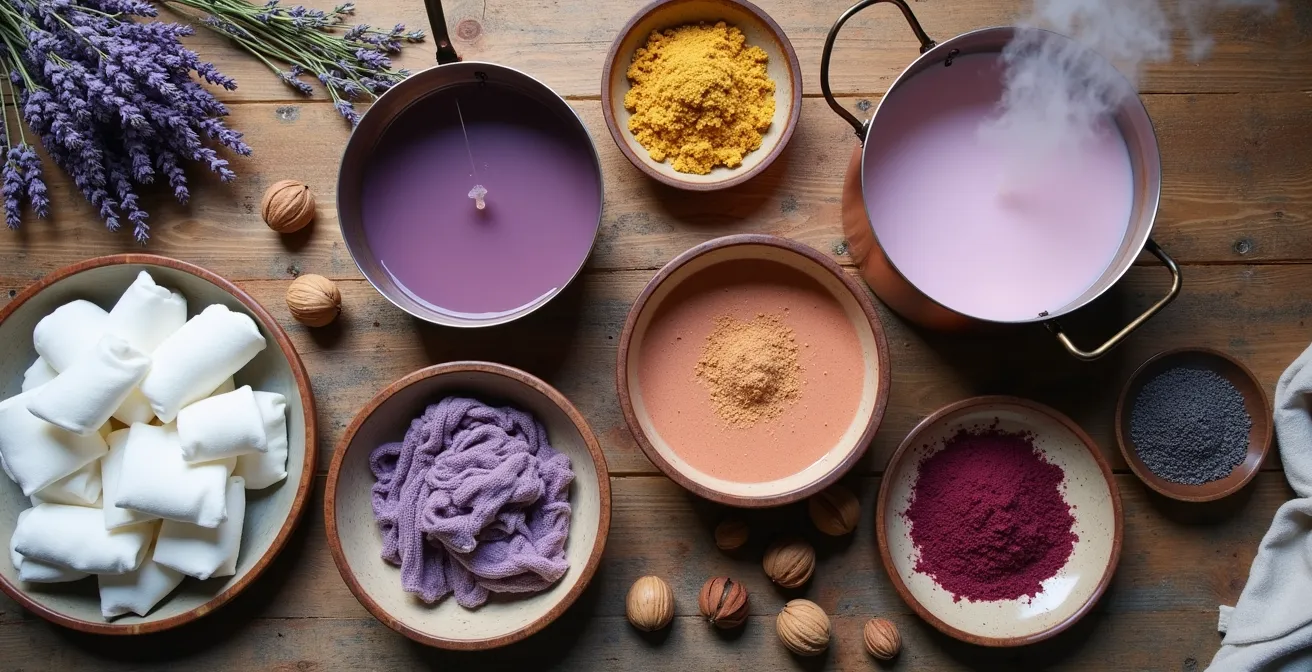 Tissu blanc en cours de teinture naturelle avec des fleurs de lavande dans un bain violet
