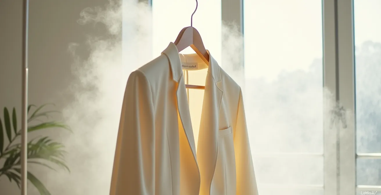 Vêtement de luxe suspendu dans une atmosphère vaporeuse pour traitement désinfectant