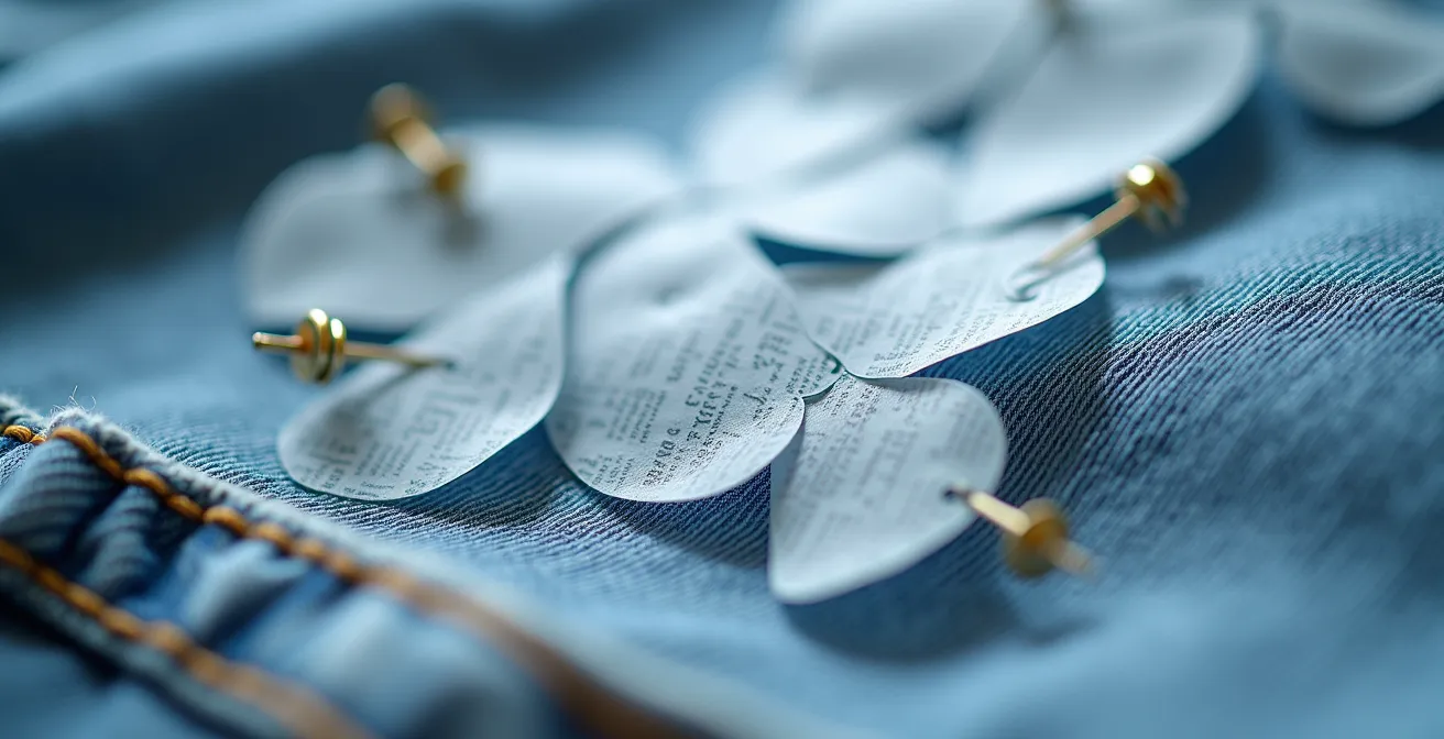 Gros plan sur papier calque avec motif floral posé sur denim clair avec épingles