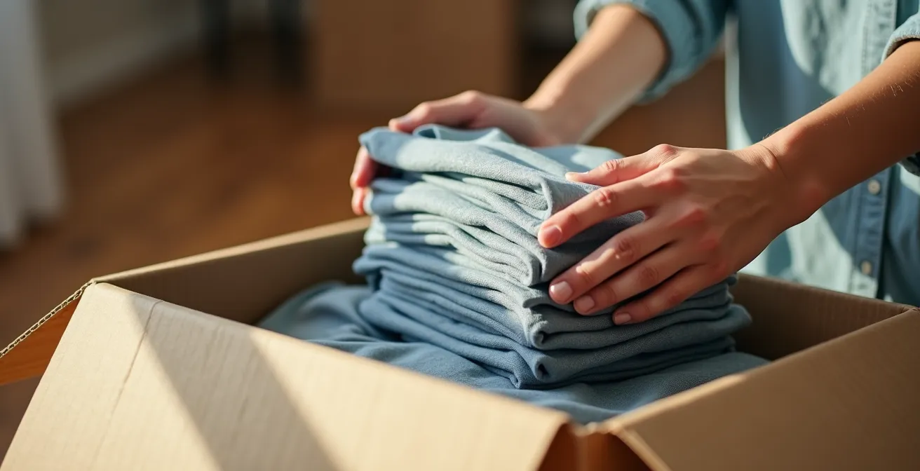 Mains touchant délicatement des vêtements pliés dans un carton pour le test du tri minimaliste