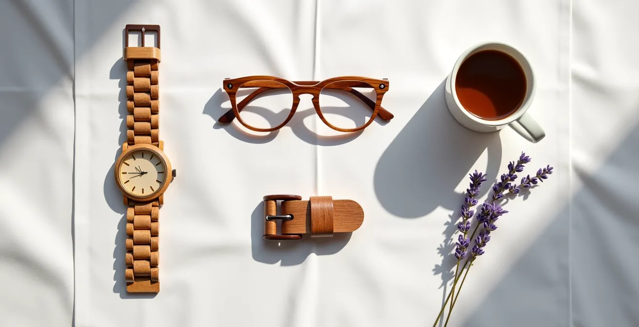 Composition minimaliste de trois accessoires en bois sur fond épuré typiquement français