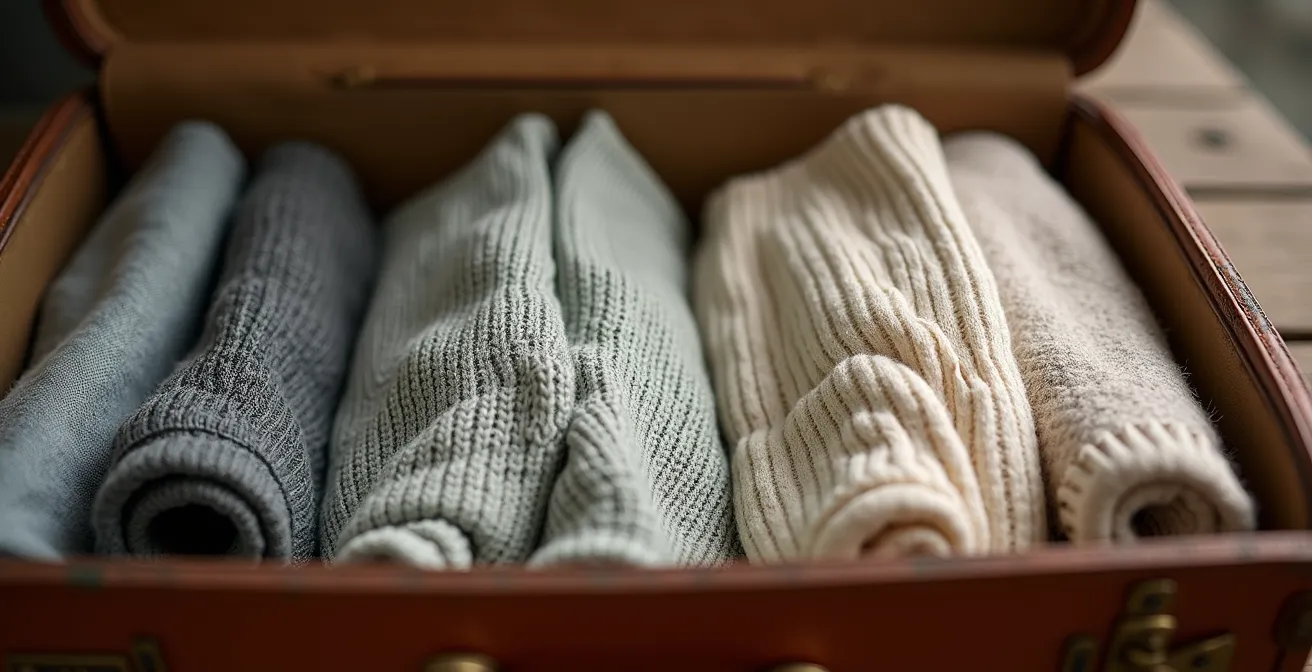 Valise ouverte avec sélection minimaliste de vêtements de mi-saison dans des tons neutres