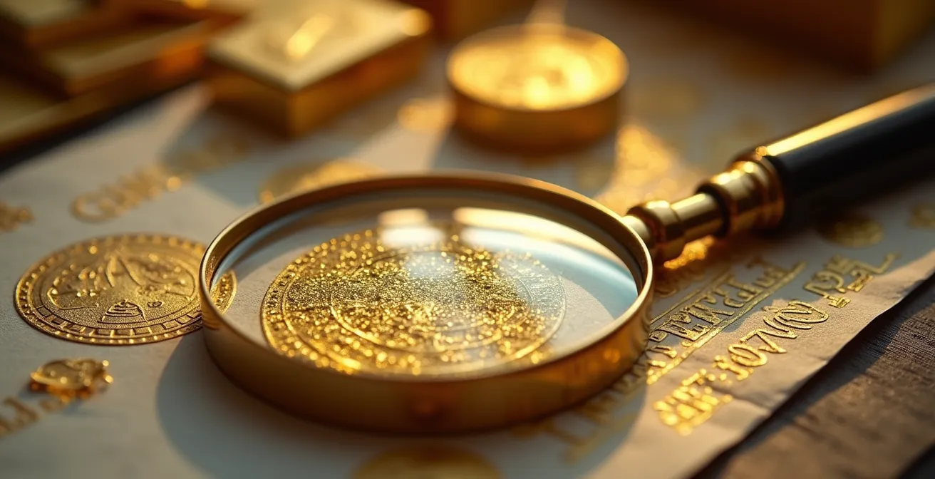 Main tenant une loupe examinant des documents de certification pour l'or recyclé