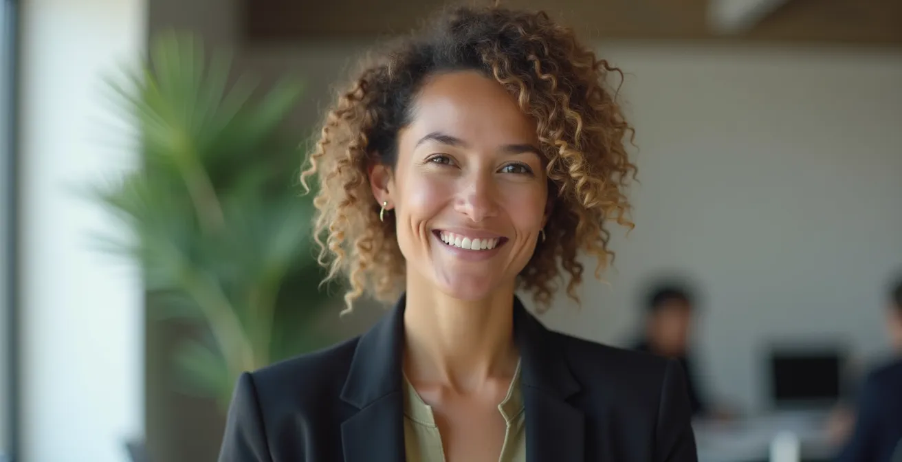 Personne en veste parfaitement ajustée dans un environnement professionnel épuré