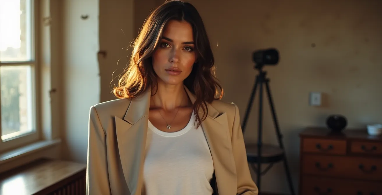 Femme portant une veste vintage aux épaules marquées stylisée avec une tenue moderne dans un décor parisien