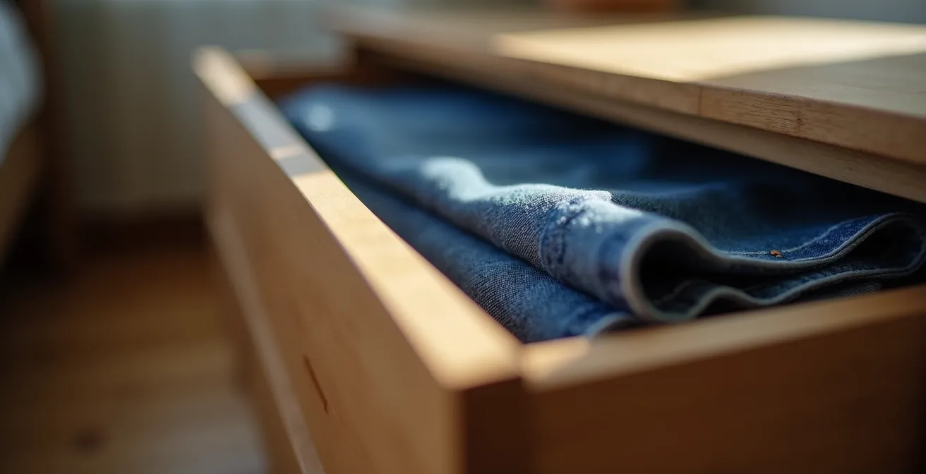 Gros plan sur un tiroir de commode entrouvert laissant entrevoir un jean plié