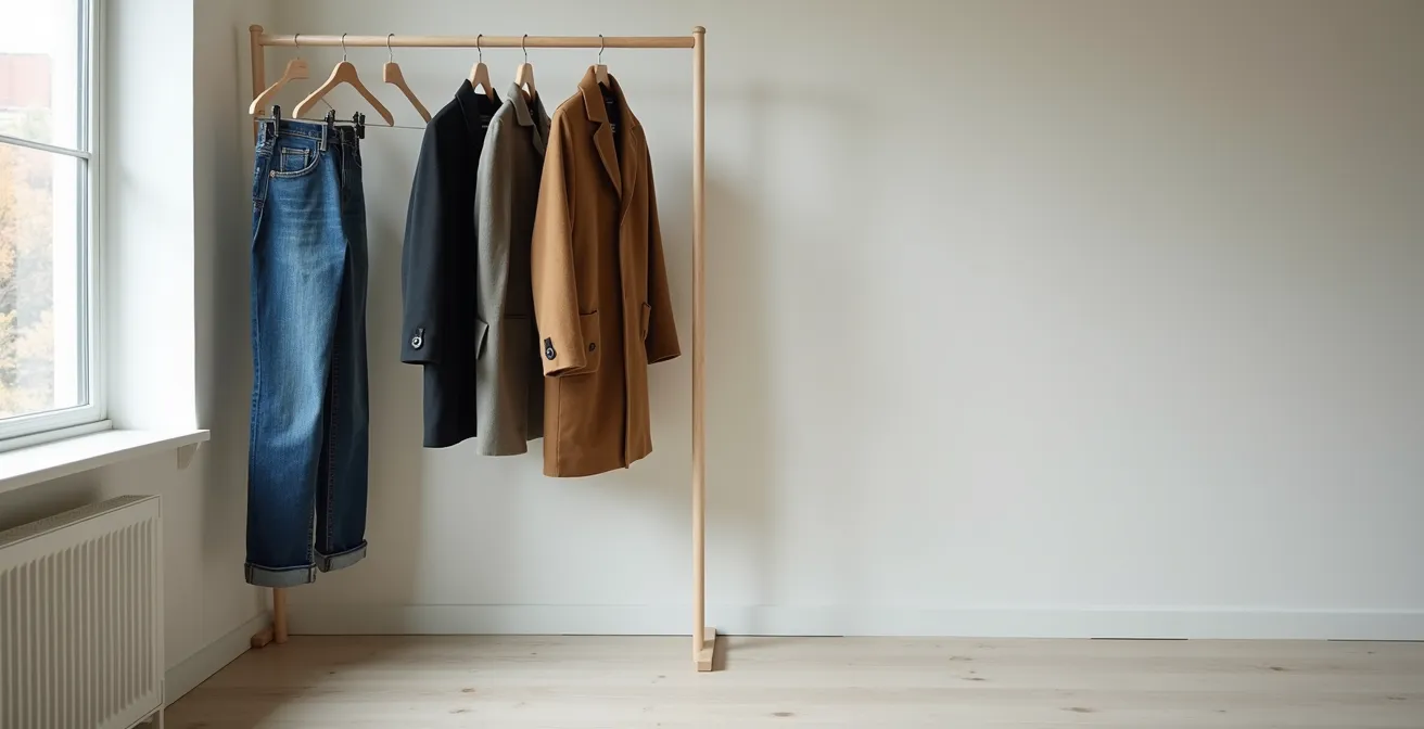 Vêtements durables de qualité disposés avec soin montrant la différence de construction