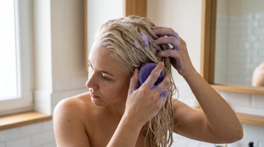 Personne appliquant un shampoing solide violet sur cheveux blonds mouillés avec mousse pigmentée visible dans une salle de bain