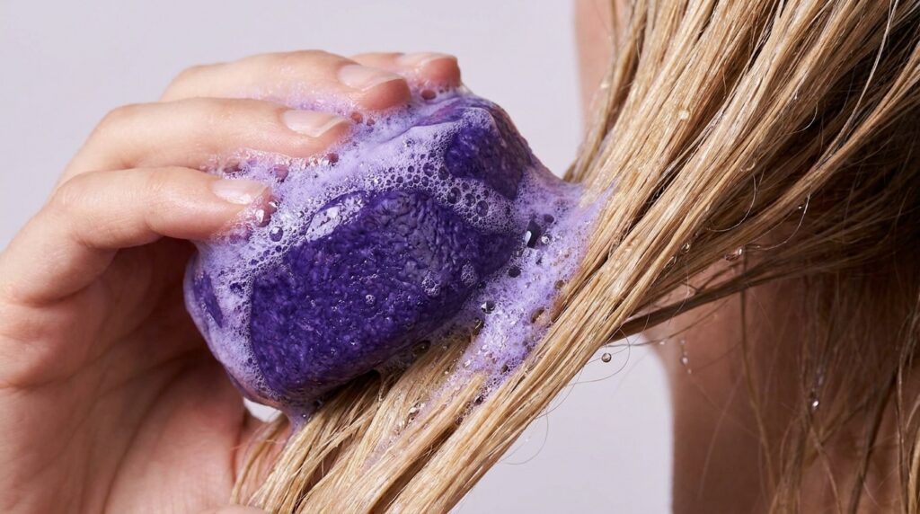 Gros plan d'une main tenant un shampoing solide violet créant de la mousse pigmentée sur une mèche de cheveux blonds mouillés Gros plan d'une main tenant un shampoing solide violet créant de la mousse pigmentée sur une mèche de cheveux blonds mouillés