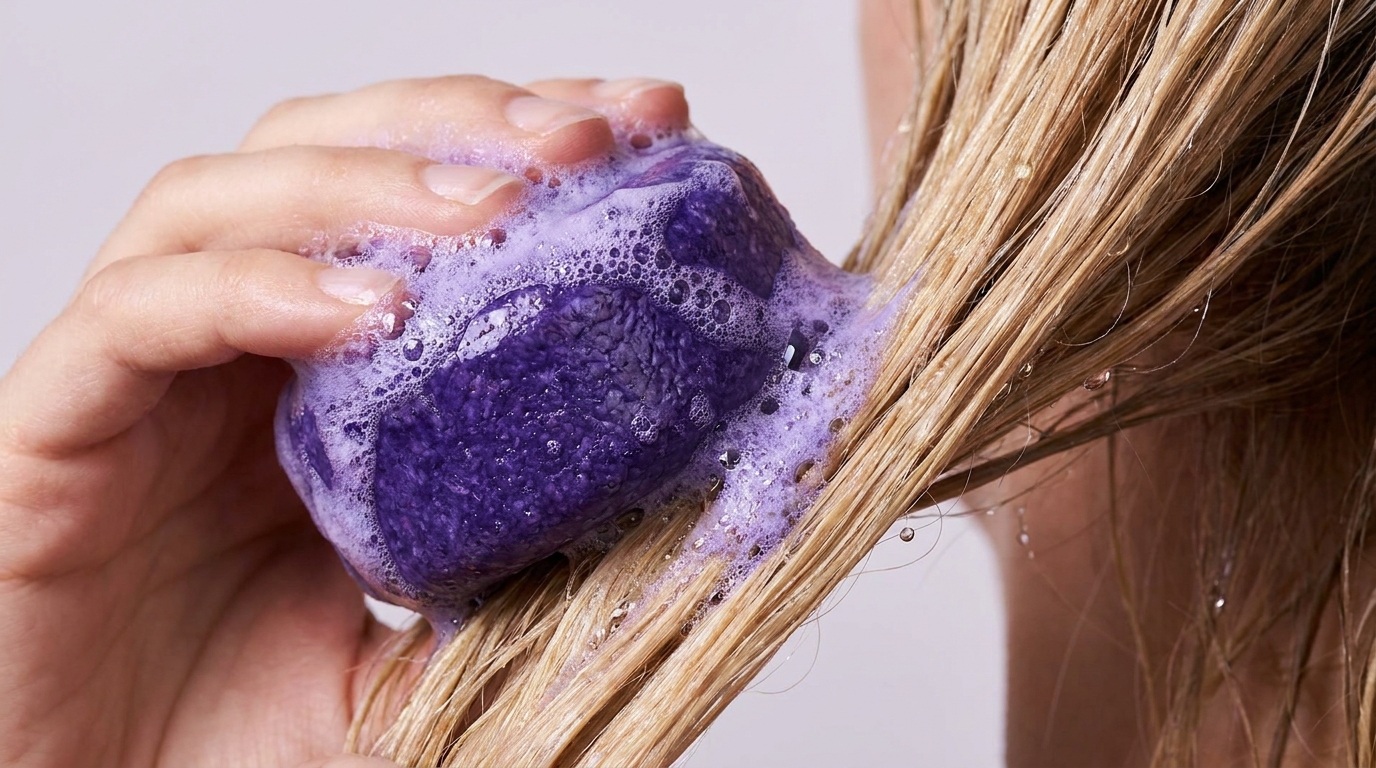 Gros plan d'une main tenant un shampoing solide violet créant de la mousse pigmentée sur une mèche de cheveux blonds mouillés