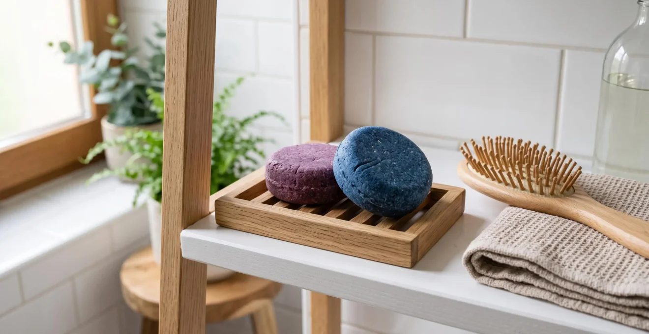 Deux shampoings solides violet et bleu posés sur un porte-savon en bois dans une salle de bain minimaliste avec accessoires zéro-déchet